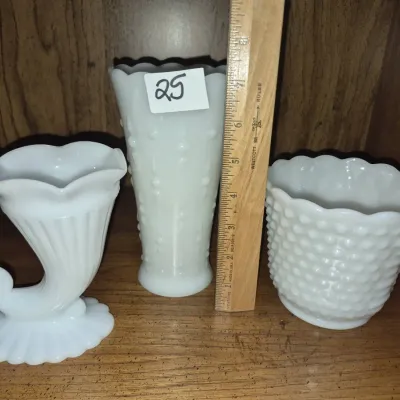 Sale Photo Thumbnail #39: Trio of vintage white milk glass items including a Fenton hobnail vase, cornucopia vase, and a hobnail planter.