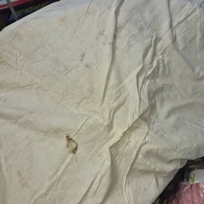 Sale Photo Thumbnail #76: Wrinkled off-white fabric sheet or cloth showing visible wear and minor stains.