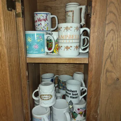 Sale Photo Thumbnail #627: Collection of vintage graphic ceramic coffee mugs and stein displayed on wooden cabinet shelves, featuring Campbell University, state, and novelty themes.