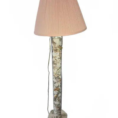 Sale Photo Thumbnail #2: Coastal-style floor lamp featuring a clear cylindrical glass column filled with sea shells and topped with a pleated light pink shade.