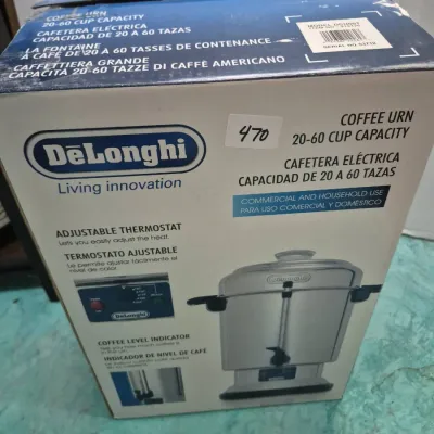 Sale Photo Thumbnail #809: DeLonghi 20-60 cup capacity electric coffee urn, model DCU60T, in its original product packaging.
