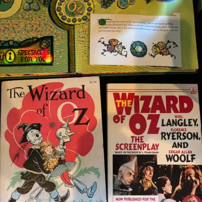 Sale Photo Thumbnail #121: Collection of Wizard of Oz memorabilia, including paperback book editions and an open 3D pop-up book.