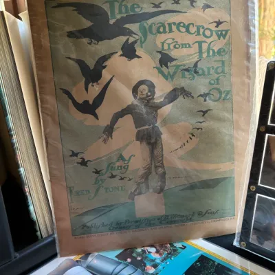 Vintage 1903 sheet music cover for 'The Scarecrow from The Wizard of Oz' sung by Fred Stone, sealed in a plastic protective...