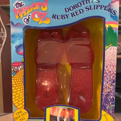 Vintage 1988 The Wizard of Oz 50th Anniversary Dorothy's Ruby Red Slippers costume shoes in original packaging.