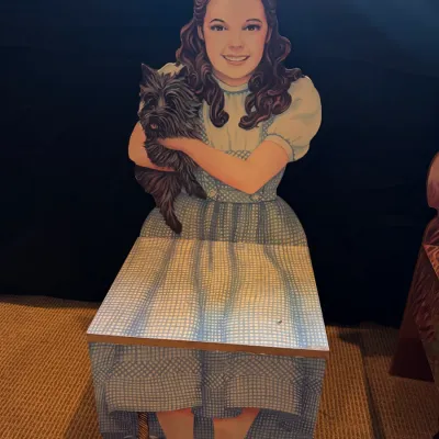 Vintage Wizard of Oz Dorothy and Toto wooden chair with storage bench seat, featuring a printed Judy Garland design.