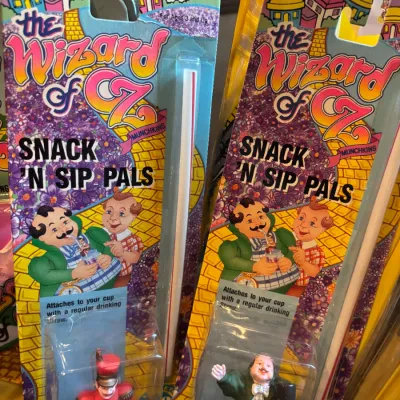 Sale Photo Thumbnail #110: Two vintage 1988 Wizard of Oz Munchkins "Snack 'N Sip Pals" straw attachments, new in original blister packaging.