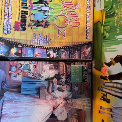 Sale Photo Thumbnail #109: Vintage The Wizard of Oz collectibles, including a Corel Print House Magic PC software box and a Golden 100-piece jigsaw puzzle.