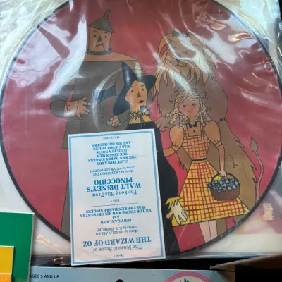 Vintage picture disc vinyl record featuring illustrated characters from The Wizard of Oz, sealed in original plastic sleeve with song...
