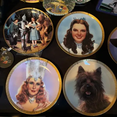 Collection of vintage Wizard of Oz collector plates with gold rims featuring Dorothy, Glinda, Toto, and other characters.