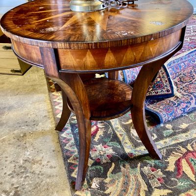 Sale Photo Thumbnail #281: Compas Star round top table with sunburst inlay. Similar or could be  Uttermost.
