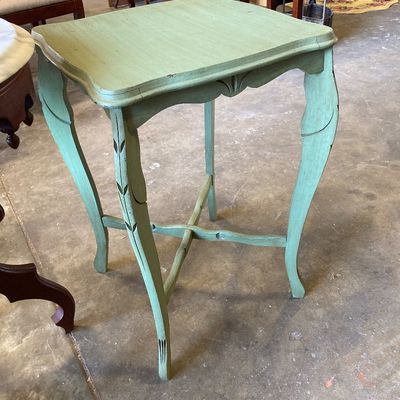 Sale Photo Thumbnail #267: Vinatge painted wooden accent table with cabriole legs and lower X-stretcher base