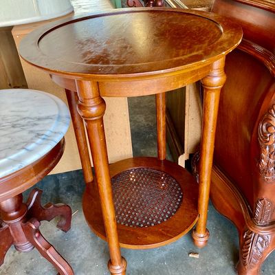 Sale Photo Thumbnail #223: Vintag round wood and cane accent table