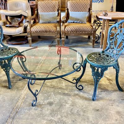 Sale Photo Thumbnail #276: Cast iron chairs with metal table