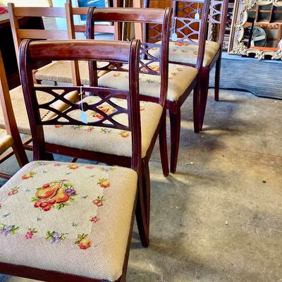 Sale Photo Thumbnail #270: Vintage mahogany lattice back design chairs with needlepoint seats