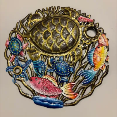 Handcrafted round metal wall sculpture depicting an underwater scene with sea turtles, tropical fish, and starfish in vibrant polychrome...