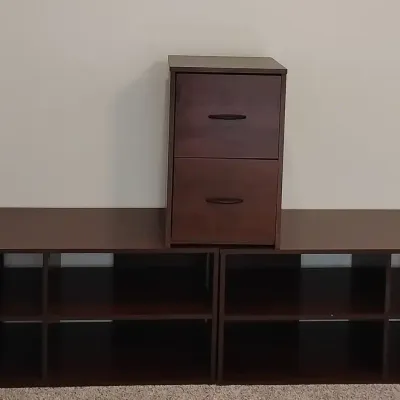 3-Piece Wood Storage Furniture Lot – 2 Shelving Units & 2-Drawer File Cabinet