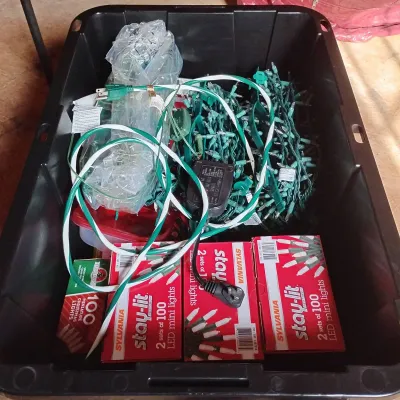 Large Mystery Lot of Christmas Lights – Plastic Storage Tote Included