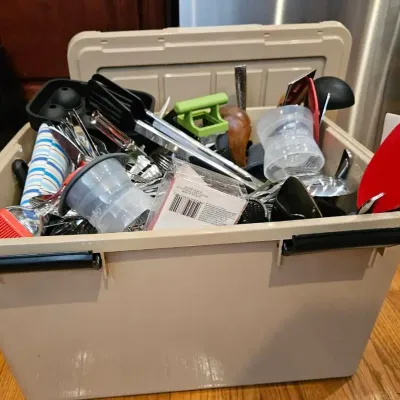 Large Mystery Lot of Kitchen Gadgets, Utensils & Flatware – Storage Bin Included