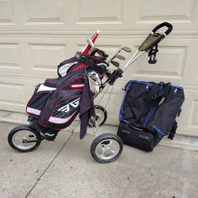 Golf Clubs with F.G. Golf Bag, 3-Wheel Pushcart, Travel Bag & Accessories