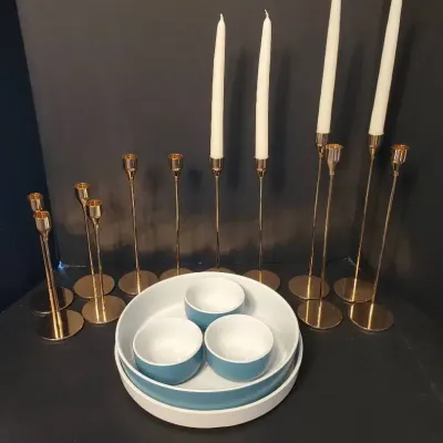 17-Piece Lot – 12 Copper-Toned Candlesticks & Laurie Gates Serving Bowls
