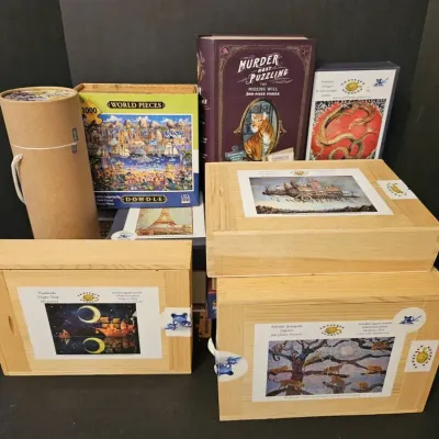 14-Piece Assorted Jigsaw Puzzle Lot – Wooden Box & Specialty Puzzles