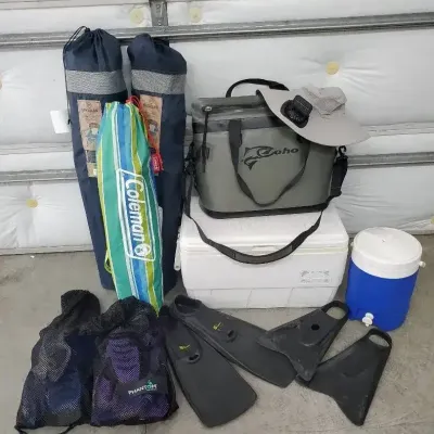 Large Fishing, Camping & Outdoor Recreation Lot – Coolers, Chairs, Snorkeling Gear & More