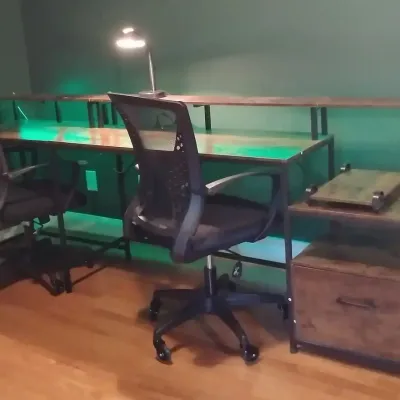 L-Shaped Industrial Office Desk with LED Lighting, Filing Cabinet & 2 Mesh Office Chairs