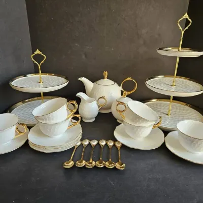 INGRI Porcelain Tea Set with Gold Trim, Tiered Serving Platters & Spoons