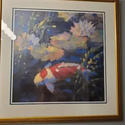 Framed Koi Fish Artwork by F. Lund – 34" x 34"