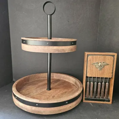 2-Tier Wood & Metal Serving Tray with Set of 6 Steak Knives