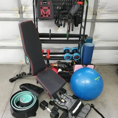Large Home Gym Fitness Equipment & Accessories Lot with Storage Rack