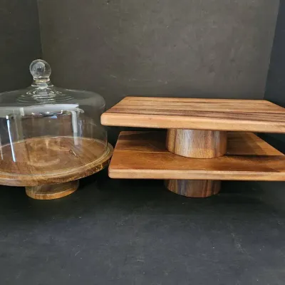 3-Piece Wooden Cake Stand & Serving Display Lot with Glass Dome