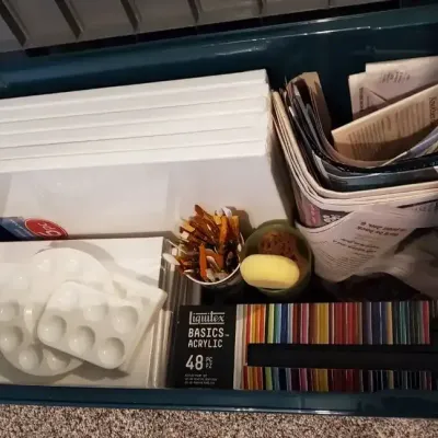 Large Bin of Art Supplies – Liquitex Acrylic Paints, Brushes, Palettes & 14 Canvases