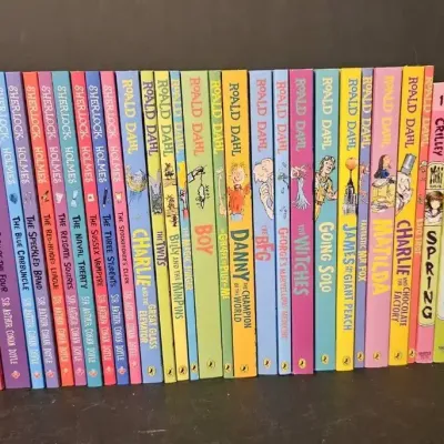 33-Piece Children's Book Collection – Sherlock Holmes, Roald Dahl & Miki Falls with Stone Bookends