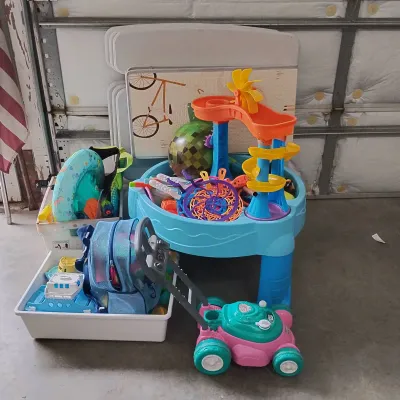 Large Mystery Lot of Children's Toys, Water Table, Folding Picnic Table & Play Accessories