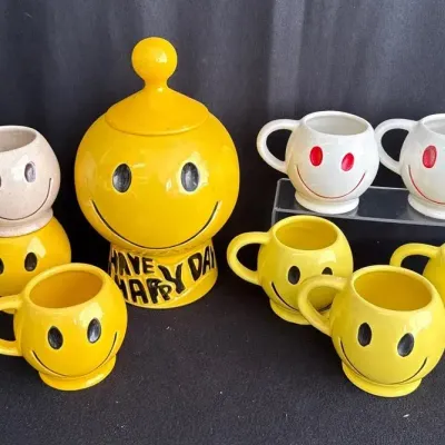 Vintage Smiley Face McCoy Cookie Jar & Mugs 