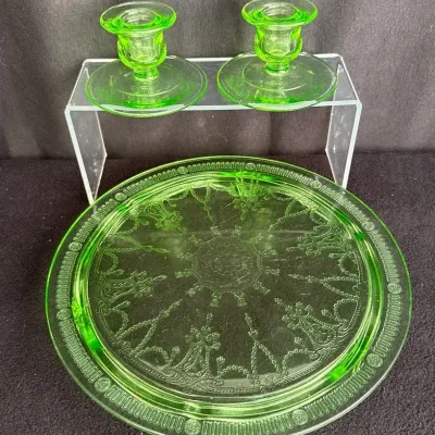 Lovely Uranium Glass 10” Cake Plate & 2” High Candle Holders 