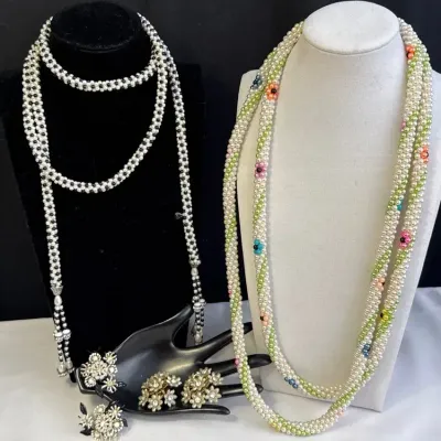 2~ Vintage Costume Beaded Necklaces With 2~ Pairs Of Clip On Earrings * 50-54” Long