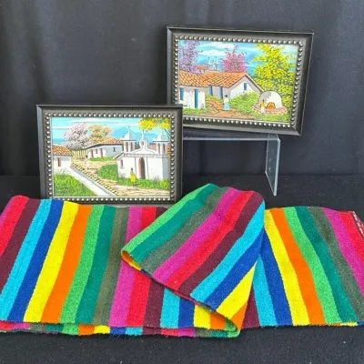 2~ Small Paintings By Franklin L. Of Honduras * Wonderful 78” Handcrafted Wool Fabric 