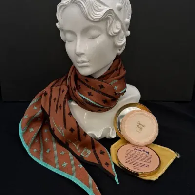 Vintage Full Crème Puff Powder Compact & 70” Anne Klein Silk Scarf