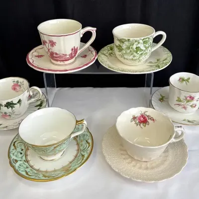 6~ Elegant Teacups & Saucers * SPODE, GIEN, Royal Crown Derby