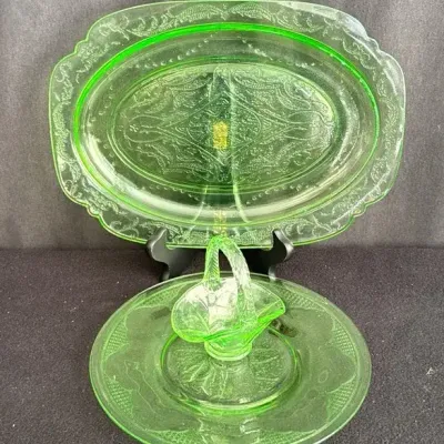 2~ Vintage Uranium Glass 8-11” Plates & Small 4” Tall Handled Vase 