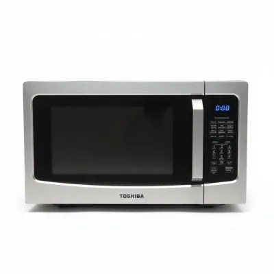 Modern Toshiba countertop microwave oven in brushed stainless steel with a digital display and push-button control panel.