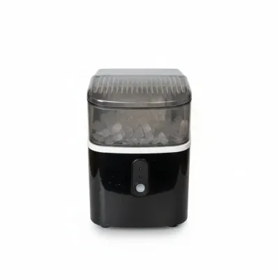 Modern countertop ice maker in black and white with a tinted transparent reservoir filled with ice.