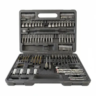 Comprehensive drill and driver bit set housed in a black molded plastic carrying case.
