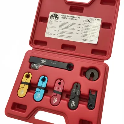 Mac Tools fuel and transmission line disconnect tool set (model FLT8851) in a red blow-molded plastic case.