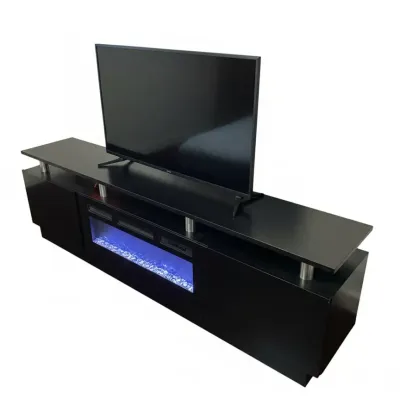 Modern black media console featuring a built-in electric fireplace insert with blue LED lighting, paired with a flat-screen television.