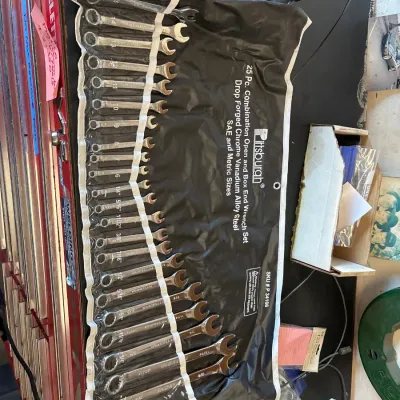 Pittsburgh 25-piece combination open and box end wrench set organized in its original black storage pouch.