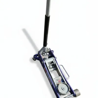 Purple and silver aluminum 2.5-ton low-profile hydraulic floor jack with dual pistons and a long pump handle.