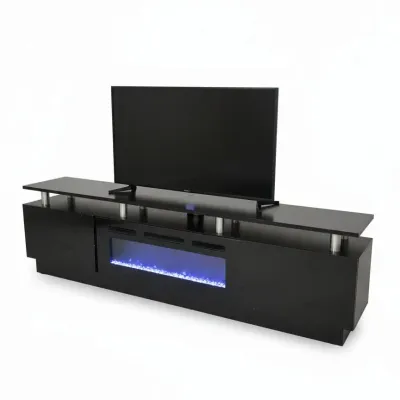 Modern black media console with an integrated electric fireplace insert emitting blue light, supporting a flat-screen television.